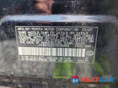 Zdjęcie 12 z 12 samochodu: 2007 LEXUS IS 250 BASE VIN:JTHBK262375036445 - miniatura