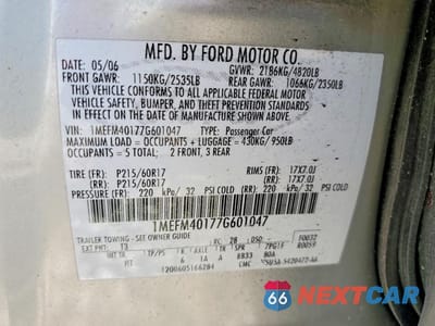 Zdjęcie 12 z 12 samochodu: 2007 MERCURY MONTEGO LUXURY VIN:1MEFM40177G601047 - miniatura