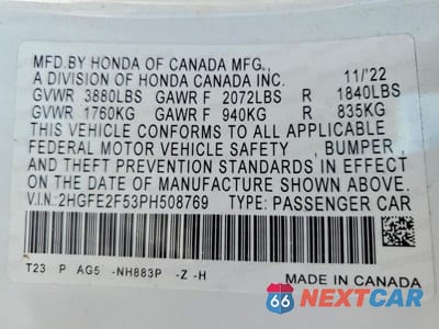 Zdjęcie 12 z 12 samochodu: 2023 HONDA CIVIC SPORT VIN:2HGFE2F53PH508769 - miniatura