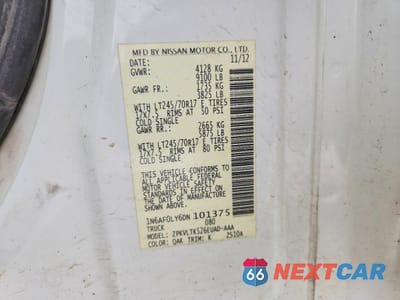 Zdjęcie 12 z 12 samochodu: 2013 NISSAN NV2500 UTILITY / SERVICE VAN VIN:1N6AF0LY6DN101375 - miniatura