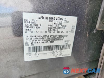 Zdjęcie 12 z 12 samochodu: 2017 FORD EDGE SEL VIN:2FMPK4J98HBB14301 - miniatura