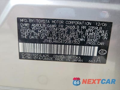 Zdjęcie 12 z 12 samochodu: 2007 LEXUS ES 350 VIN:JTHBJ46G472087352 - miniatura