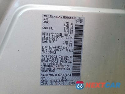 Zdjęcie 13 z 13 samochodu: 2019 NISSAN PATHFINDER S VIN:5N1DR2MM7KC624374 - miniatura
