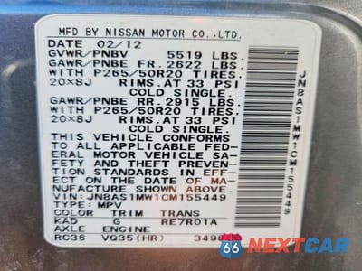 Zdjęcie 13 z 13 samochodu: 2012 INFINITI FX35 BASE VIN:JN8AS1MW1CM155449 - miniatura