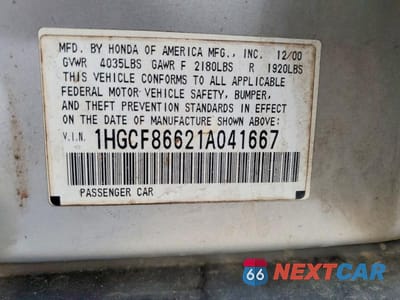 Zdjęcie 12 z 12 samochodu: 2001 HONDA ACCORD VALUE VIN:1HGCF86621A041667 - miniatura
