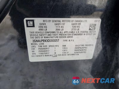 Zdjęcie 13 z 13 samochodu: 2012 CHEVROLET EQUINOX LT VIN:2GNALPEK3C6303257 - miniatura