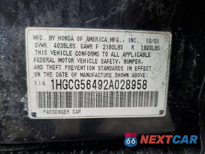Zdjęcie 12 z 12 samochodu: 2002 HONDA ACCORD LX VIN:1HGCG56492A028958 - miniatura