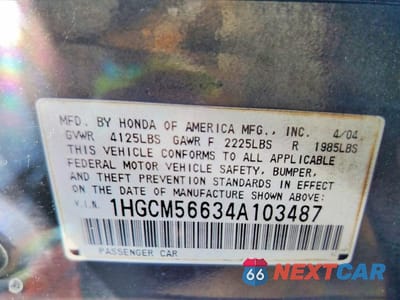 Zdjęcie 13 z 13 samochodu: 2004 HONDA ACCORD EX VIN:1HGCM56634A103487 - miniatura
