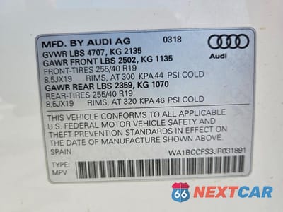 Zdjęcie 12 z 12 samochodu: 2018 AUDI Q3 PREMIUM VIN:WA1BCCFS3JR031891 - miniatura