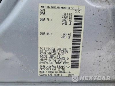 Zdjęcie 13 z 13 samochodu: 2021 NISSAN ALTIMA 2.5 SV VIN:1N4BL4DV7MN389957 - miniatura