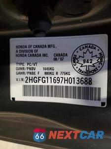 Zdjęcie 12 z 12 samochodu: 2007 HONDA CIVIC LX VIN:2HGFG11697H013688 - miniatura