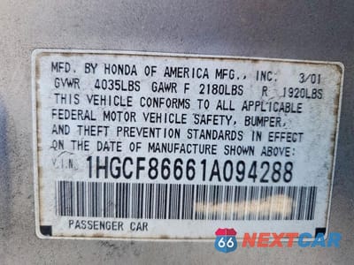 Zdjęcie 13 z 13 samochodu: 2001 HONDA ACCORD VALUE VIN:1HGCF86661A094288 - miniatura