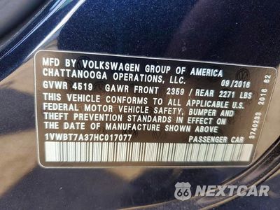 Zdjęcie 13 z 13 samochodu: 2017 VOLKSWAGEN PASSAT SE VIN:1VWBT7A37HC017077 - miniatura