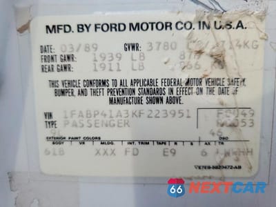 Zdjęcie 12 z 12 samochodu: 1989 FORD MUSTANG VIN:1FABP41A3KF223951 - miniatura