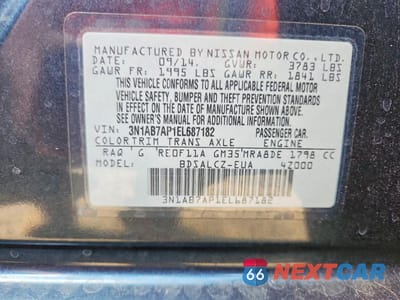 Zdjęcie 13 z 13 samochodu: 2014 NISSAN SENTRA S VIN:3N1AB7AP1EL687182 - miniatura