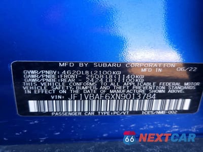 Zdjęcie 12 z 13 samochodu: 2022 SUBARU WRX PREMIUM VIN:JF1VBAF6XN9013784 - miniatura