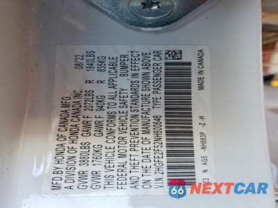 Zdjęcie 12 z 12 samochodu: 2022 HONDA CIVIC SPORT VIN:2HGFE2F52NH600646 - miniatura