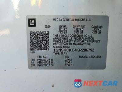 Zdjęcie 14 z 14 samochodu: 2019 CHEVROLET TAHOE K1500 PREMIER VIN:1GNSKCKC4KR286792 - miniatura