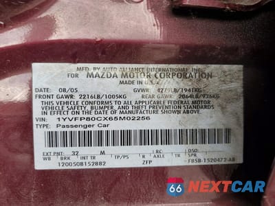 Zdjęcie 12 z 12 samochodu: 2006 MAZDA 6 I VIN:1YVFP80CX65M02256 - miniatura