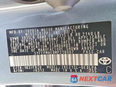 Zdjęcie 12 z 12 samochodu: 2021 TOYOTA COROLLA LE VIN:5YFEPMAE8MP218007 - miniatura