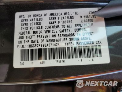Zdjęcie 12 z 12 samochodu: 2011 HONDA ACCORD EXL VIN:1HGCP2F89BA071424 - miniatura