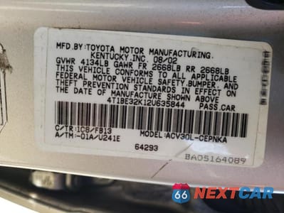 Zdjęcie 12 z 12 samochodu: 2002 TOYOTA CAMRY LE VIN:4T1BE32K12U635844 - miniatura