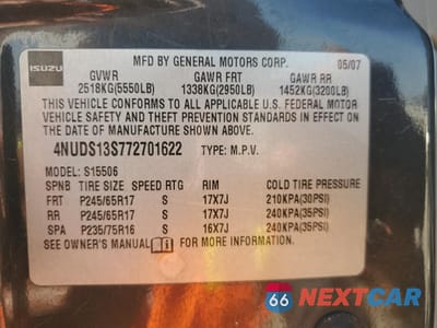 Zdjęcie 13 z 13 samochodu: 2007 ISUZU ASCENDER S VIN:4NUDS13S772701622 - miniatura