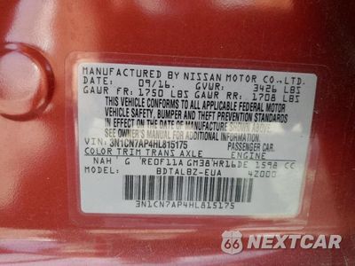 Zdjęcie 13 z 13 samochodu: 2017 NISSAN VERSA S VIN:3N1CN7AP4HL815175 - miniatura