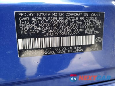 Zdjęcie 14 z 14 samochodu: 2011 LEXUS IS 250 VIN:JTHBF5C29B5155975 - miniatura