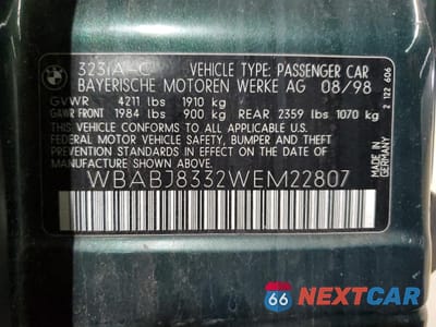 Zdjęcie 12 z 12 samochodu: 1998 BMW 323 IC AUTOMATIC VIN:WBABJ8332WEM22807 - miniatura