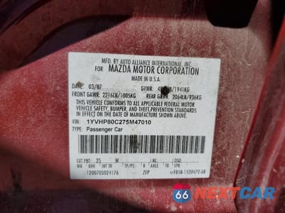 Zdjęcie 12 z 12 samochodu: 2007 MAZDA 6 I VIN:1YVHP80C275M47010 - miniatura