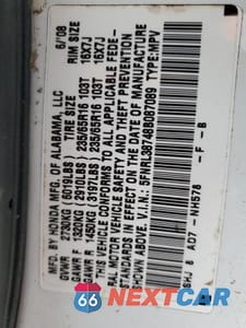 Zdjęcie 13 z 13 samochodu: 2008 HONDA ODYSSEY EXL VIN:5FNRL38748B087089 - miniatura