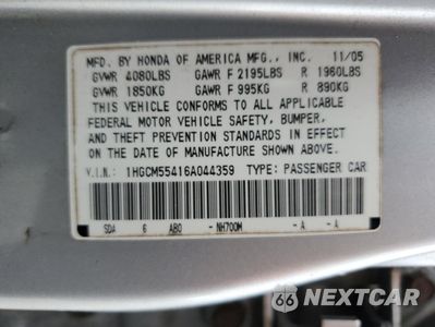 Zdjęcie 12 z 12 samochodu: 2006 HONDA ACCORD LX VIN:1HGCM55416A044359 - miniatura