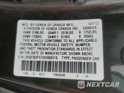 Zdjęcie 12 z 12 samochodu: 2013 HONDA CIVIC LX VIN:2HGFB2F51DH569316 - miniatura