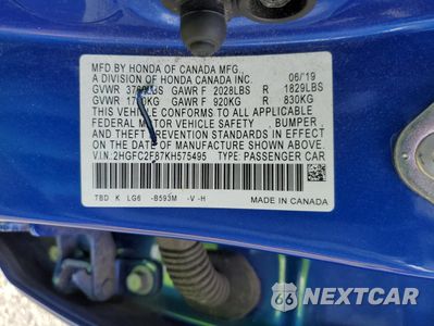 Zdjęcie 14 z 15 samochodu: 2019 HONDA CIVIC SPORT VIN:2HGFC2F87KH575495 - miniatura