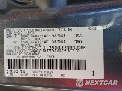 Zdjęcie 12 z 13 samochodu: 2022 TOYOTA TUNDRA CREWMAX SR VIN:5TFLA5DB2NX011633 - miniatura
