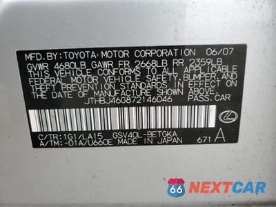 Zdjęcie 12 z 12 samochodu: 2007 LEXUS ES 350 VIN:JTHBJ46G872146046 - miniatura