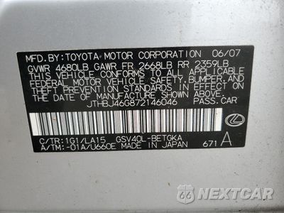 Zdjęcie 12 z 12 samochodu: 2007 LEXUS ES 350 VIN:JTHBJ46G872146046 - miniatura