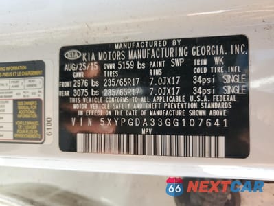 Zdjęcie 13 z 13 samochodu: 2016 KIA SORENTO LX VIN:5XYPGDA33GG107641 - miniatura