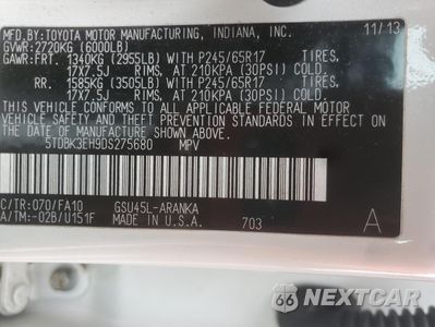 Zdjęcie 13 z 13 samochodu: 2013 TOYOTA HIGHLANDER BASE VIN:5TDBK3EH9DS275680 - miniatura