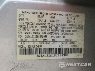Zdjęcie 12 z 12 samochodu: 2008 NISSAN ALTIMA 2.5 VIN:1N4AL21E18C138986 - miniatura