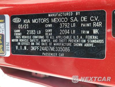 Zdjęcie 12 z 12 samochodu: 2021 KIA FORTE FE VIN:3KPF24AD7ME335086 - miniatura