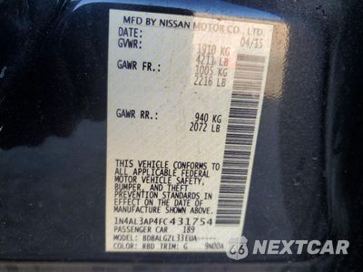 Zdjęcie 14 z 14 samochodu: 2015 NISSAN ALTIMA 2.5 VIN:1N4AL3AP4FC431754 - miniatura