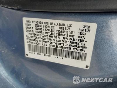 Zdjęcie 14 z 14 samochodu: 2008 HONDA ODYSSEY EXL VIN:5FNRL38768B050206 - miniatura
