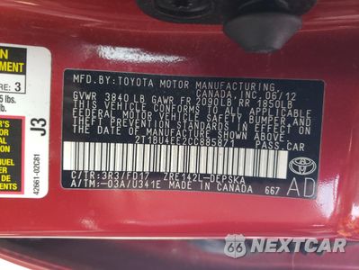 Zdjęcie 14 z 14 samochodu: 2012 TOYOTA COROLLA BASE VIN:2T1BU4EE2CC885871 - miniatura