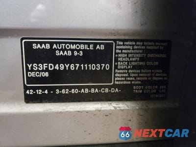 Zdjęcie 12 z 12 samochodu: 2007 SAAB 9-3 2.0T VIN:YS3FD49Y671110370 - miniatura