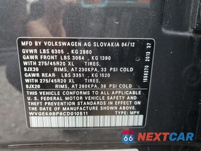 Zdjęcie 13 z 13 samochodu: 2012 VOLKSWAGEN TOUAREG V6 TDI VIN:WVGEK9BP8CD010511 - miniatura