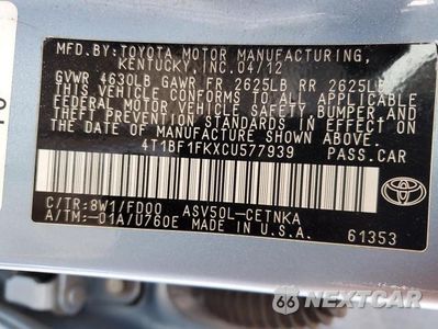 Zdjęcie 12 z 12 samochodu: 2012 TOYOTA CAMRY BASE VIN:4T1BF1FKXCU577939 - miniatura