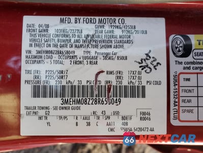 Zdjęcie 12 z 12 samochodu: 2008 MERCURY MILAN PREMIER VIN:3MEHM08Z28R658049 - miniatura