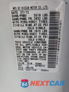 Zdjęcie 12 z 12 samochodu: 2013 INFINITI FX37 VIN:JN8CS1MW8DM172209 - miniatura